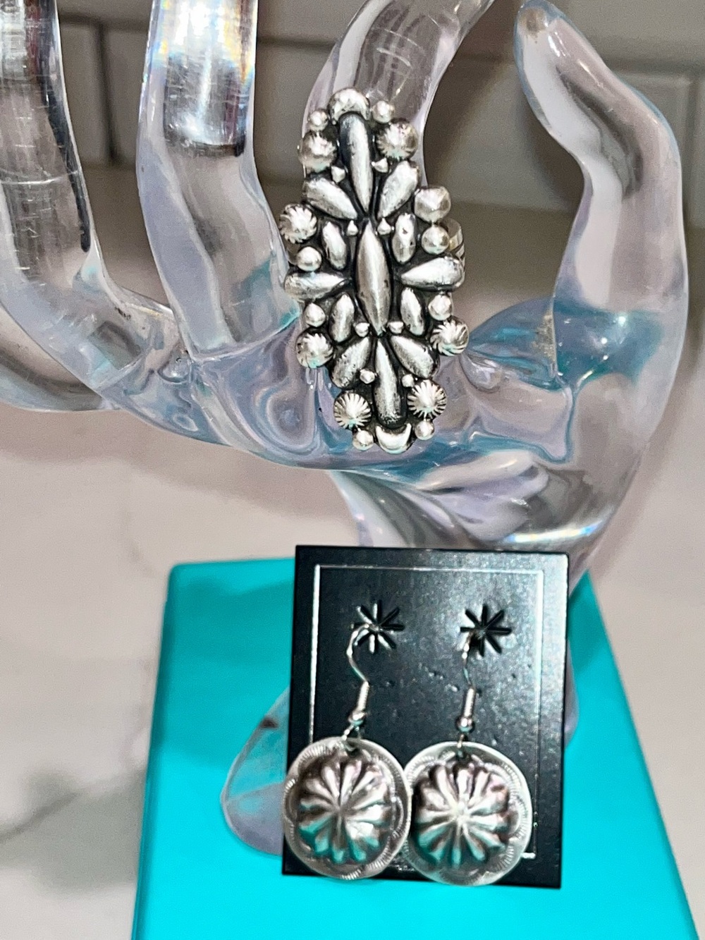 Joan Begay Silver-tone Floral Statement Ring and Dangle Earrings Set - Silver
